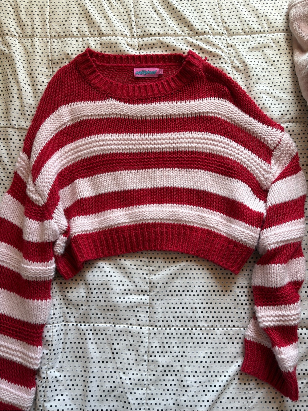 Edikted Red & Light Pink Striped Cropped Crew Sweater